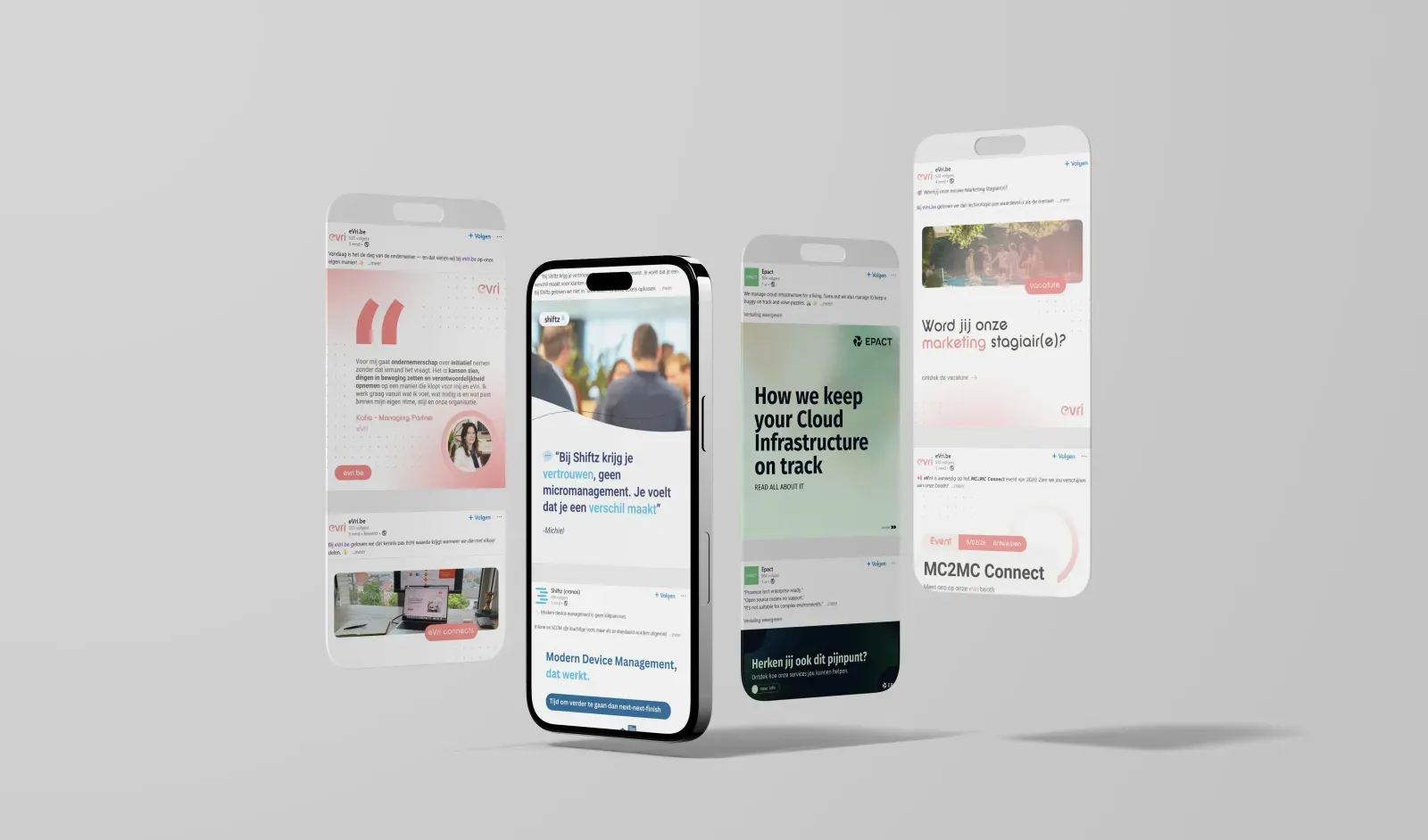 Carousel and event announcement templates made in Canva, filled in with text against a beige background.