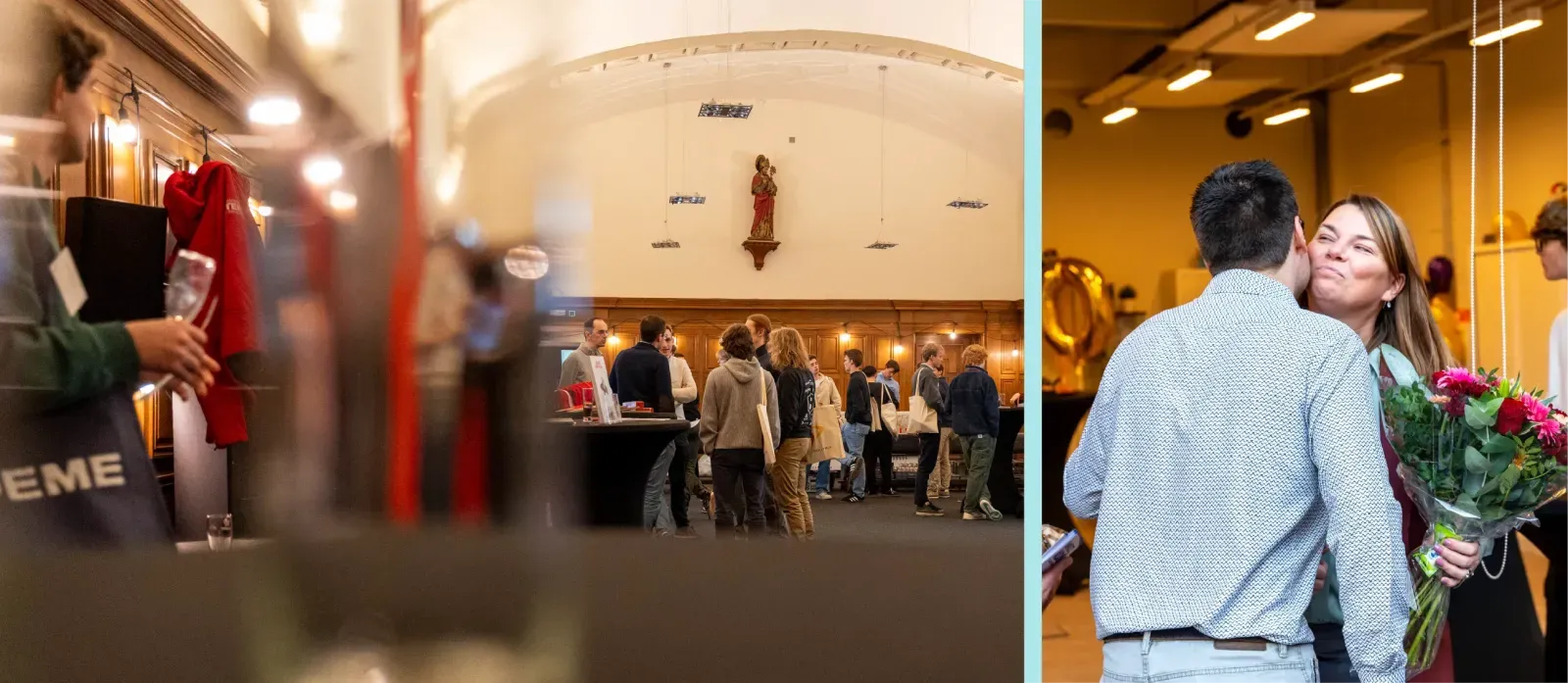 Set of 2 photos taken by Unmute You during different events showing some people talking while sitting down and standing up.