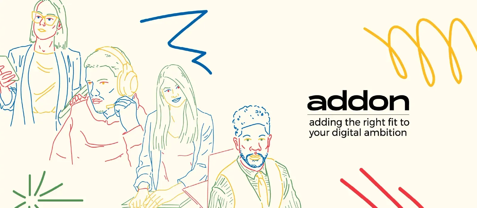 Big visual with addon illustrations of people, also used on their LinkedIn page as profile banner.