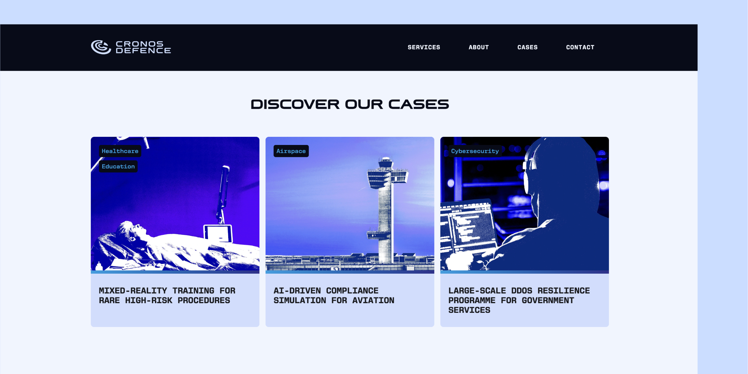 Cronos Defence website page showcasing case studies, including healthcare training, aviation compliance, and cybersecurity services.