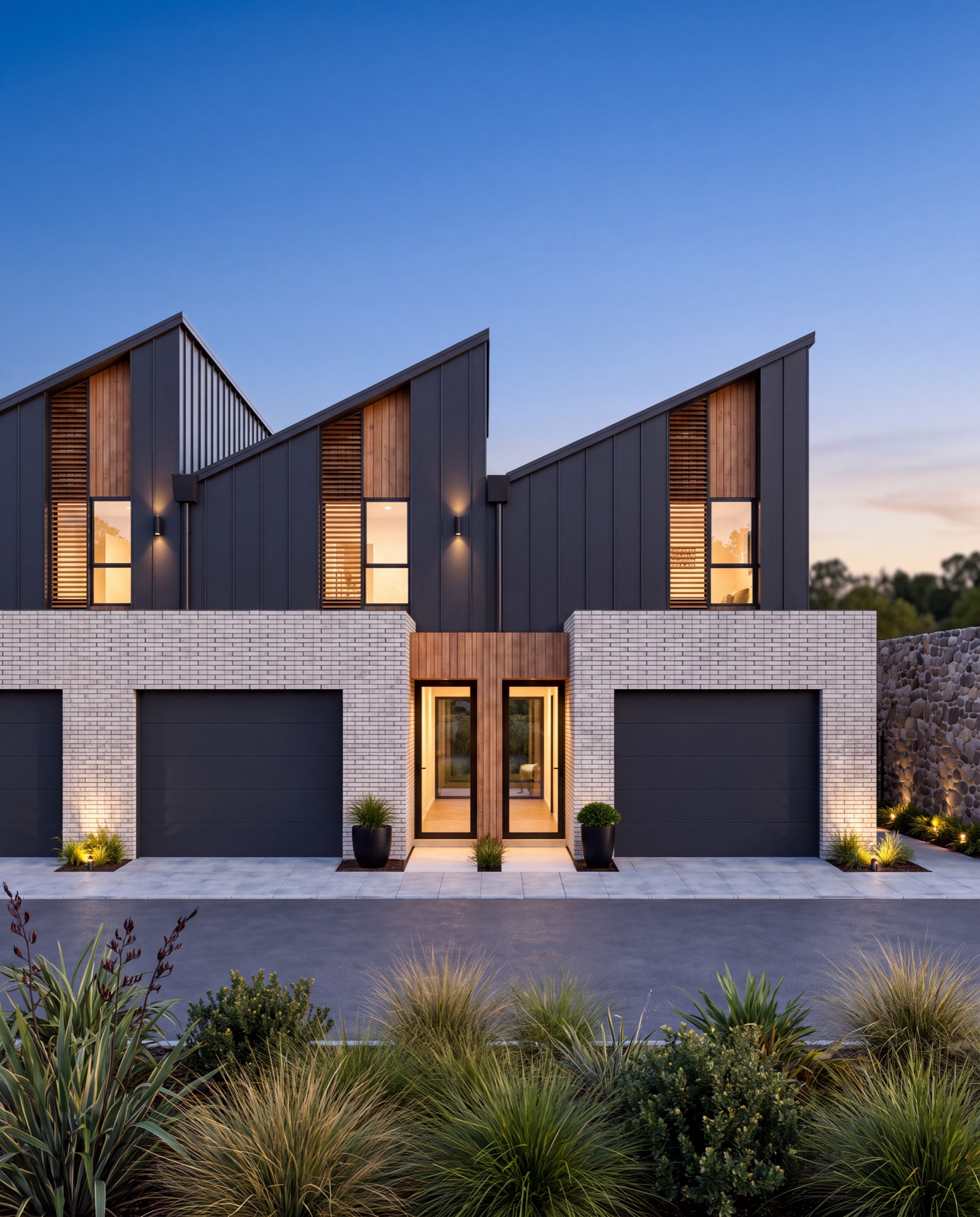 Two-storey homes with brick and dark cladding at dusk