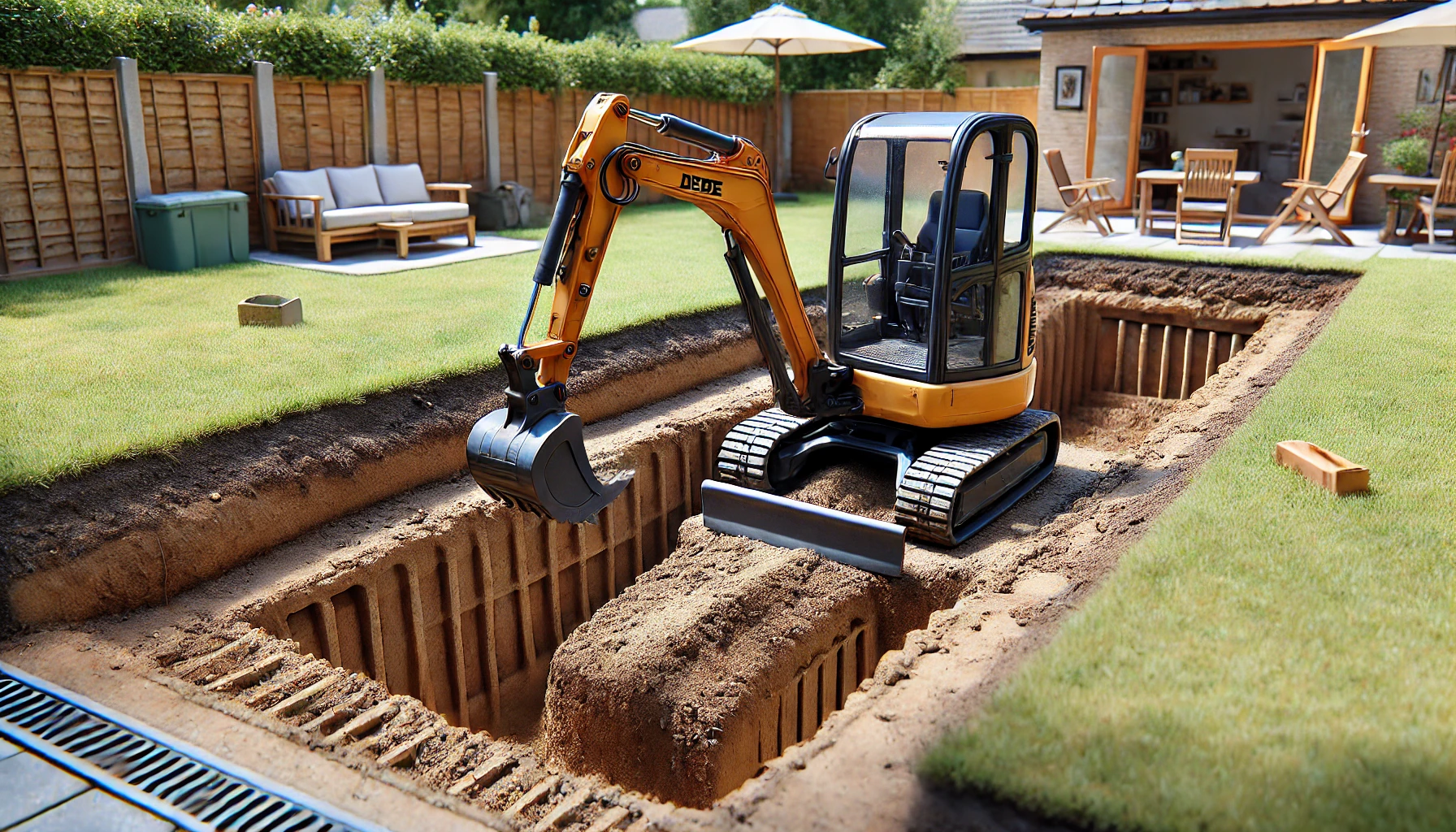 Close-up of the rubber tracks of a compact excavator rental machine sitting safely on driveway pavers while preparing for excavation for swimming pool.