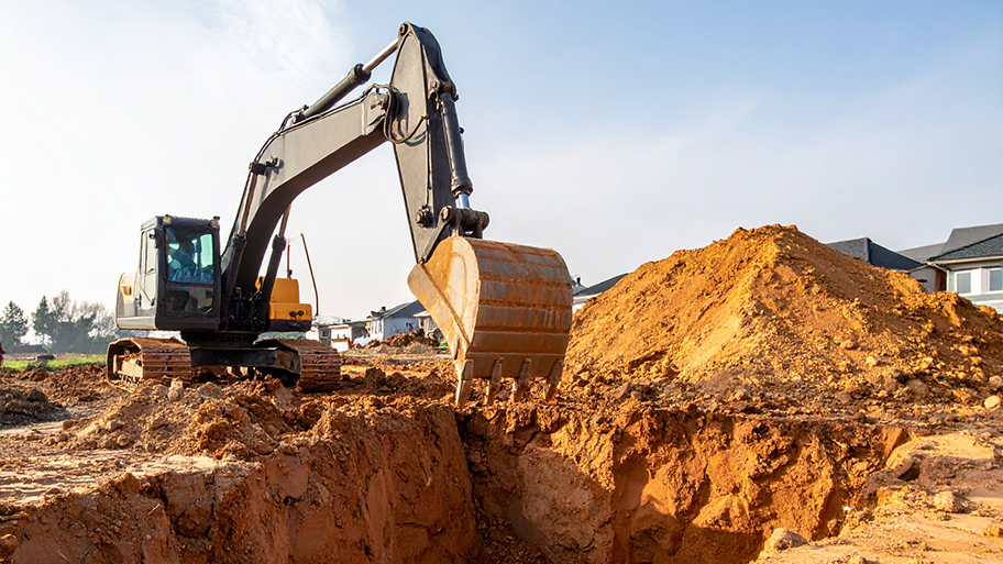 A team of swimming pool excavation contractors supervising a machine digging a deep hole in a residential garden