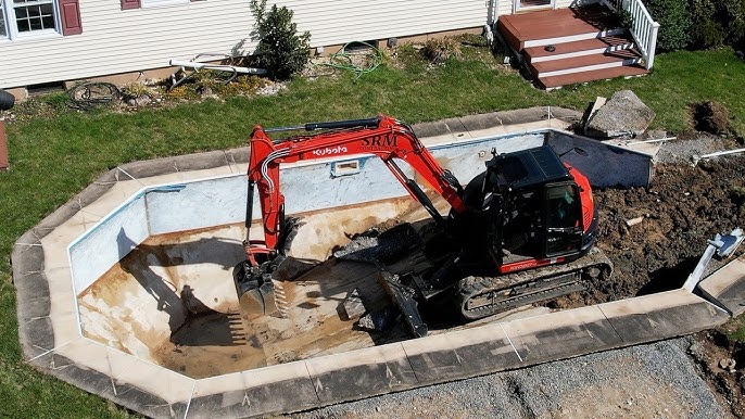A side-by-side comparison: a cracked, empty pool requiring swimming pool demolition versus a spacious, green landscaped garden after pool removal.