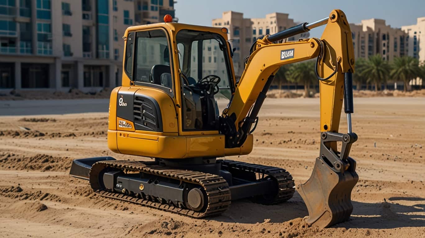 A mini digger hire Dubai unit placing excavated soil onto plywood sheets to protect the lawn, demonstrating professional "clean" trenching techniques.