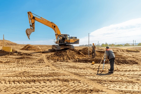 An excavator operator reviewing a site plan and cost estimate sheet on a tablet while standing in front of a commercial land clearing services project in Dubai.