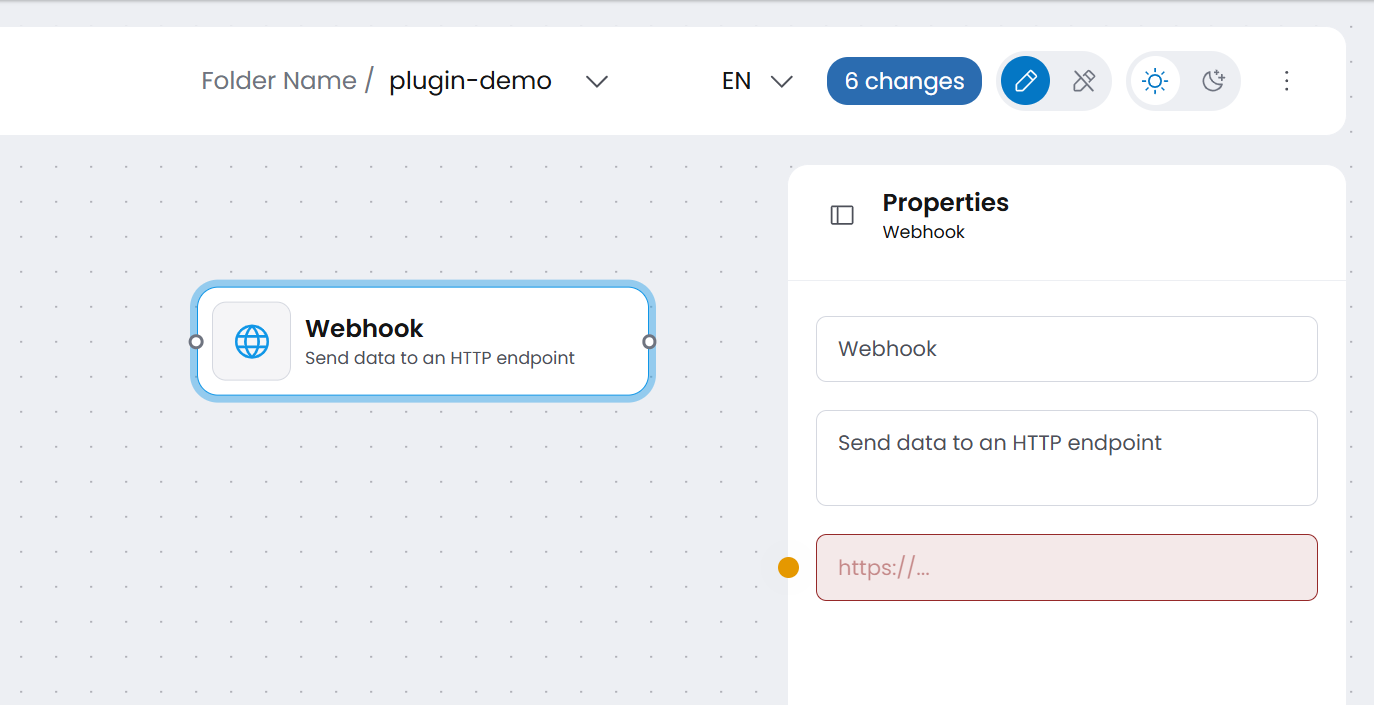 The example app after a few edits: the changes badge in the app bar reads "6 changes", with a webhook node on the canvas and its schema-driven properties form open.