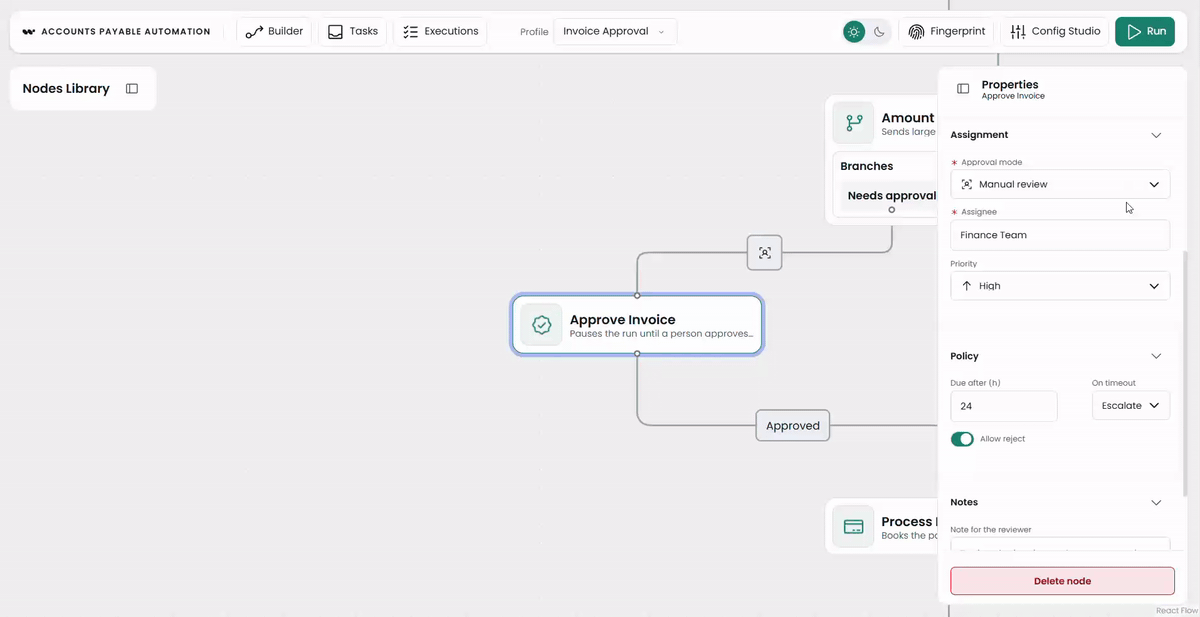 The properties panel shows and hides fields as the approval mode changes, driven entirely by JSON rules.
