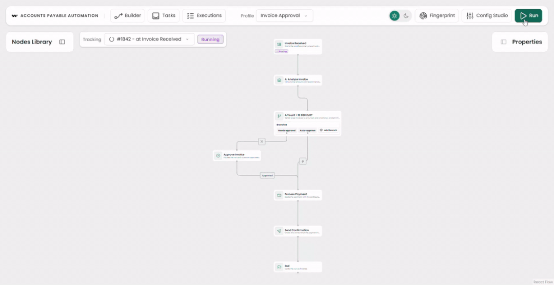 A mocked workflow run pauses for human approval, then completes; raising the branch condition reroutes the next run to auto-approve.