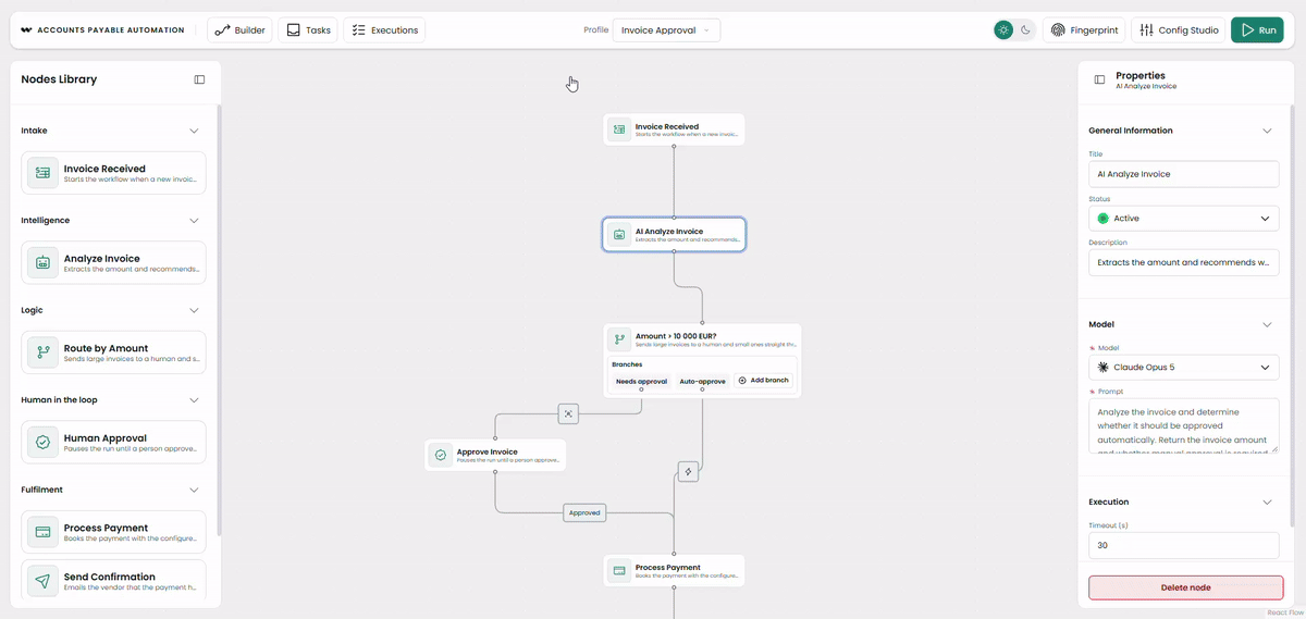 Switching the profile dropdown changes the whole editor – palette, node shapes, panel fields, navigation, tagline, and theme – because it is all input data.