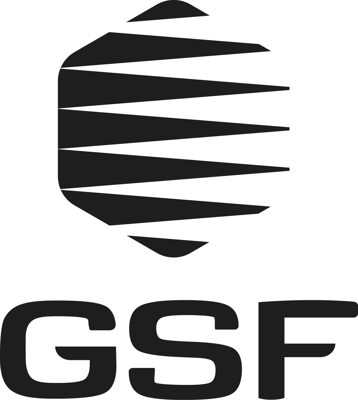 Stylized black hexagon with horizontal zigzag lines above bold letters GSF.