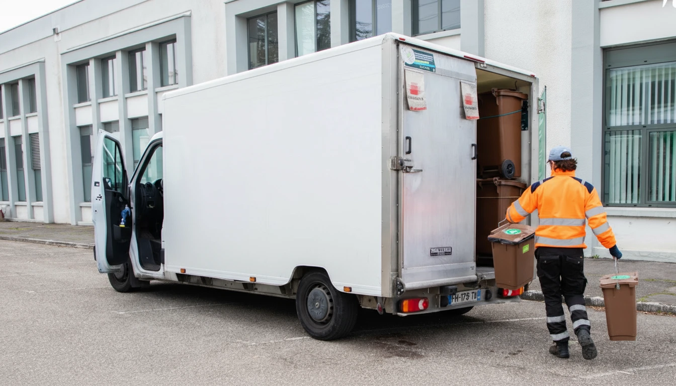 Worker in an orange reflective jacket carrying two brown bins towards a white collection truck with open rear doors.
