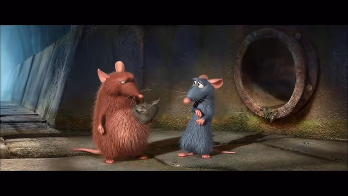 Two animated rats stand in a dimly lit tunnel next to a large round pipe opening on a wall.