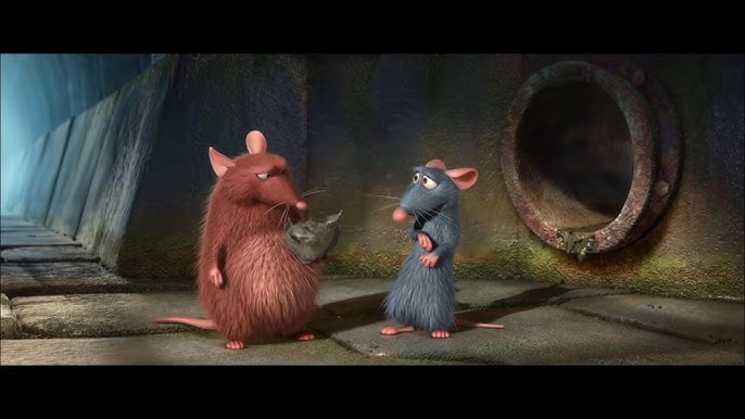 Two animated rats stand in a dimly lit tunnel next to a large round pipe opening on a wall.