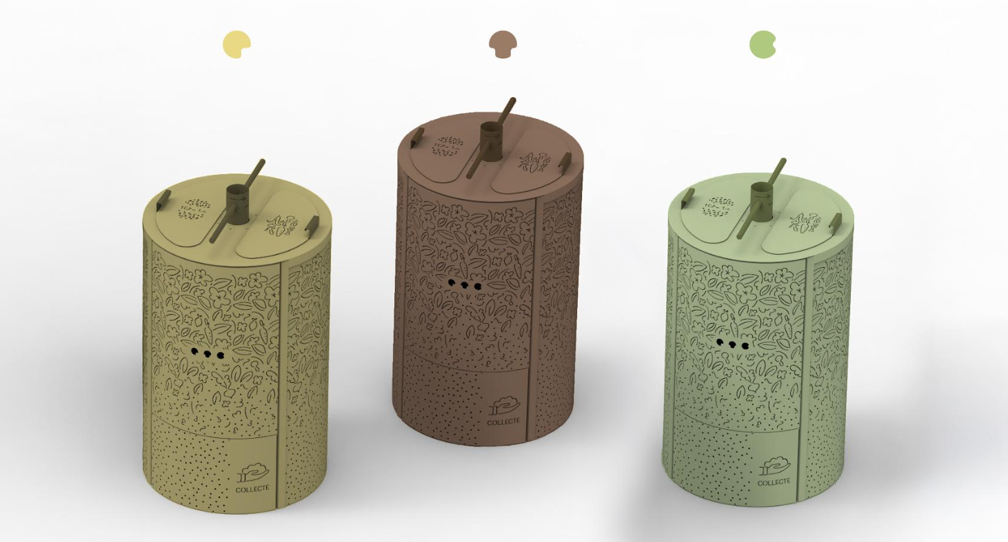 Three cylindrical compost bins in yellow, brown, and green with floral patterns and two top lids with handles. ABC Composter - Easy To Compost.