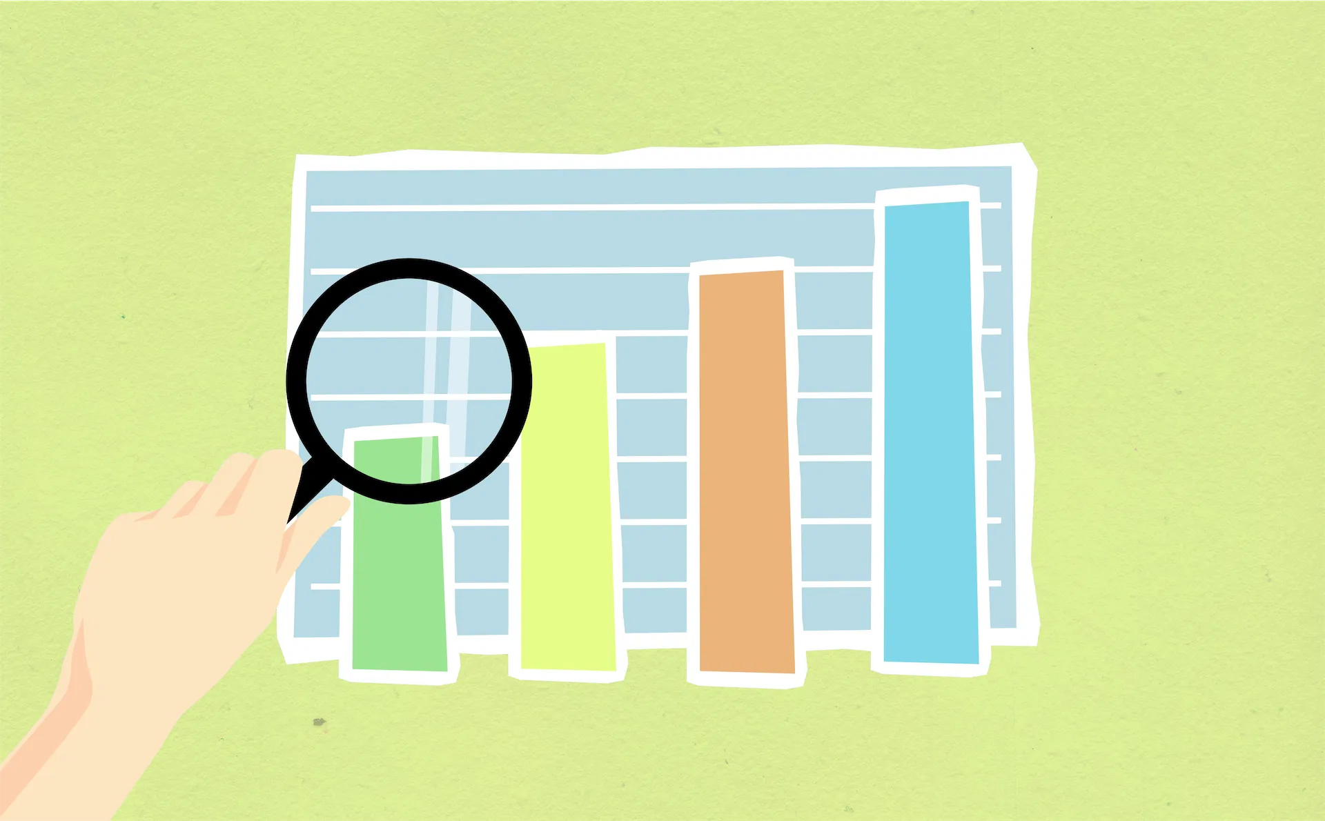 Hand holding a magnifying glass over a colorful bar chart with four bars on a green background.