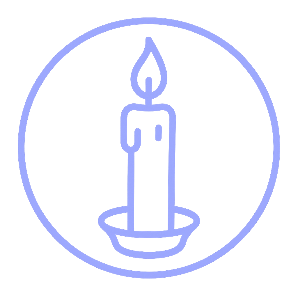 Glowing blue neon outline of a lit candle inside a circular frame on a dark background.