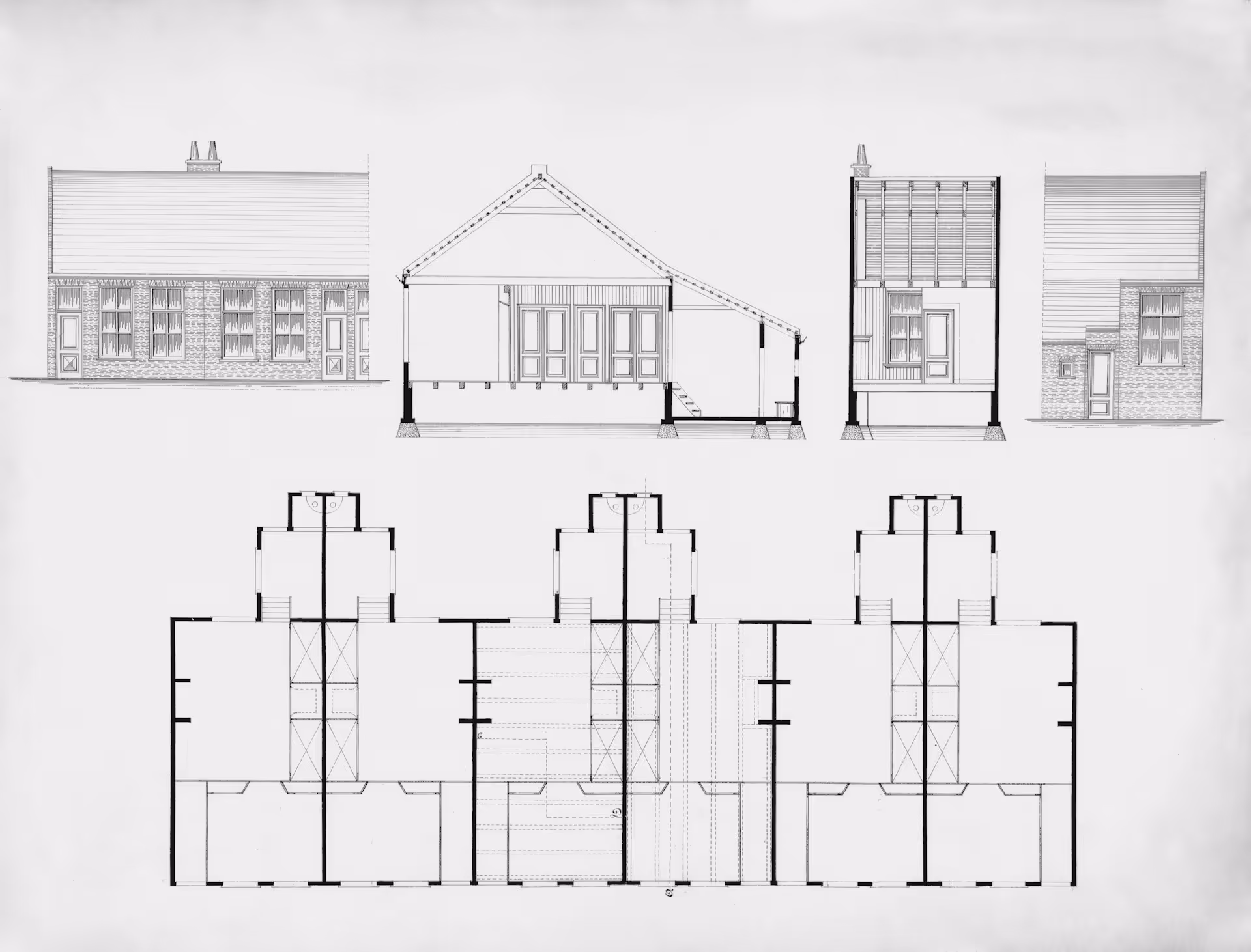 Architectural blueprint showing front and side elevations and floor plans of a symmetrical two-story building with detailed window and door placements.