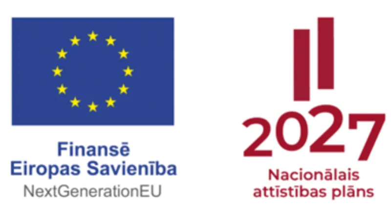 European Union flag with text 'Finansē Eiropas Savienība NextGenerationEU' alongside red '2027 Nacionālais attīstības plāns' logo.