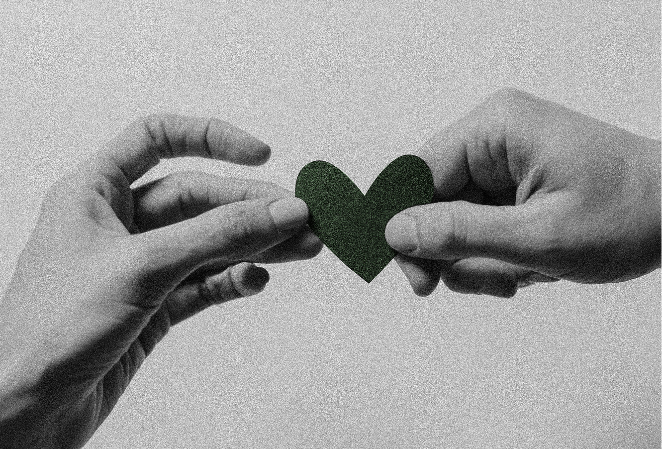 Två händer håller tillsammans ett grönt hjärta mot en ljus bakgrund.