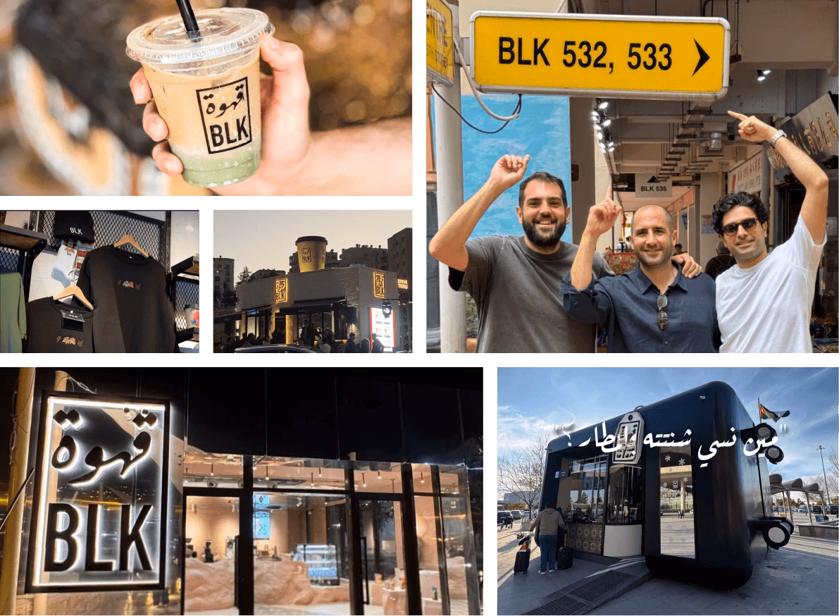 A collage of images showcasing the coffee brand, "BLK," featuring drinks, apparel, store locations, and happy customers.