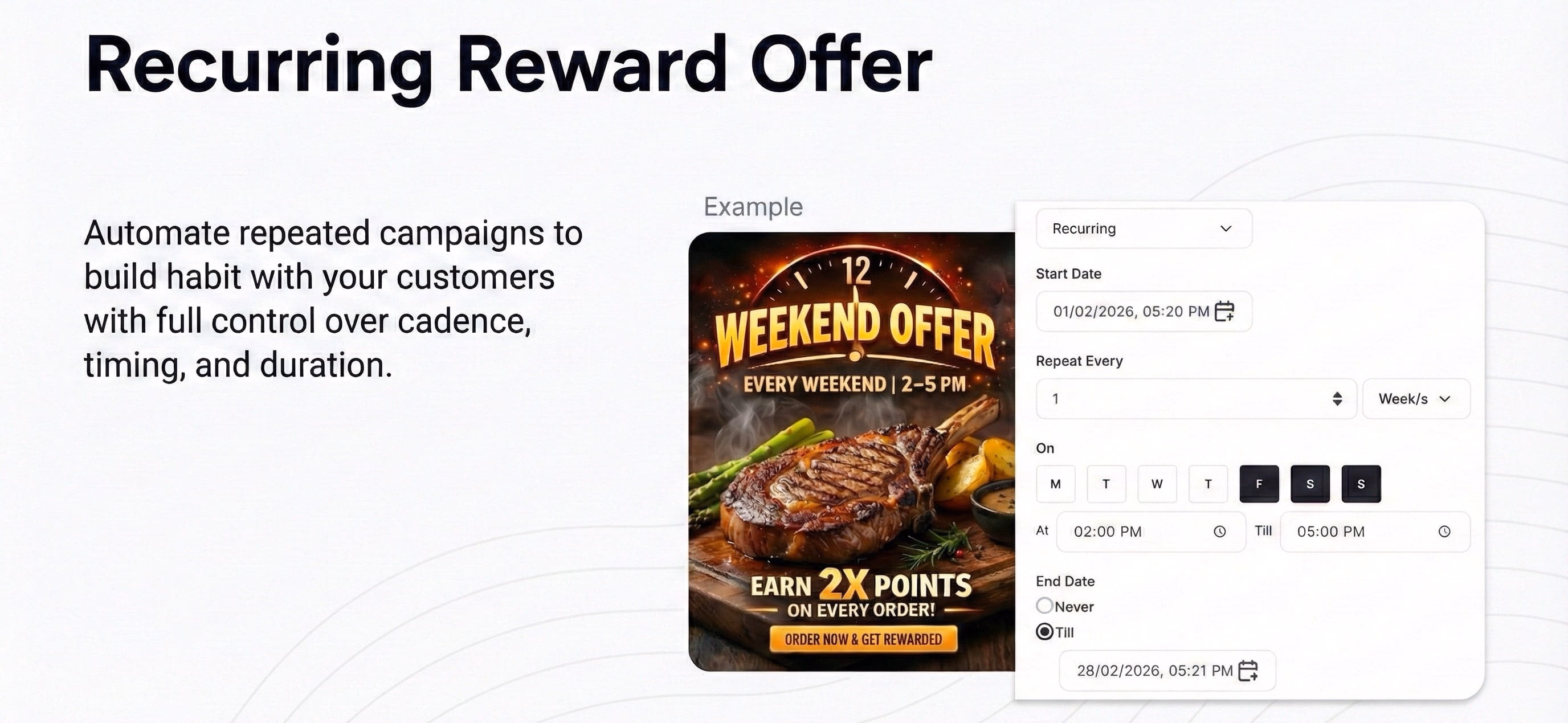 Software interface showing a "Recurring Reward Offer" setup, with details for frequency (weekends), timing, and an associated promo graphic.