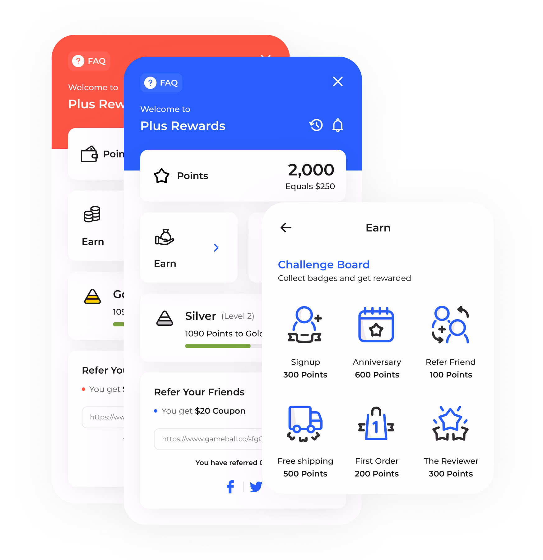 Screenshot of a "Plus Rewards" app interface with points, levels, and options to earn extra points.