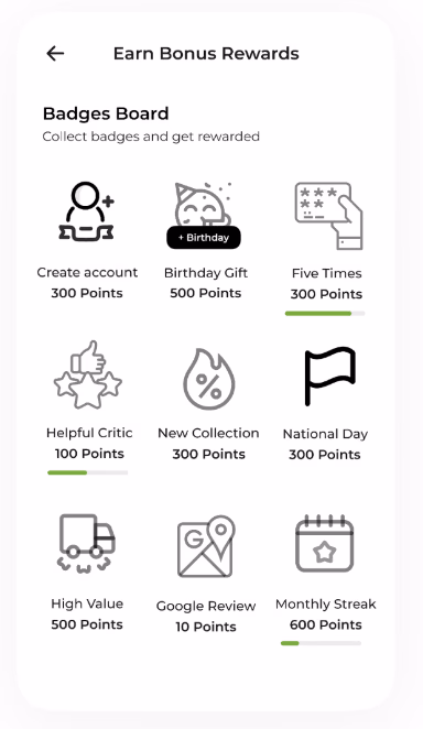 Screenshot of a rewards app "Badges Board" screen with point earning opportunities.