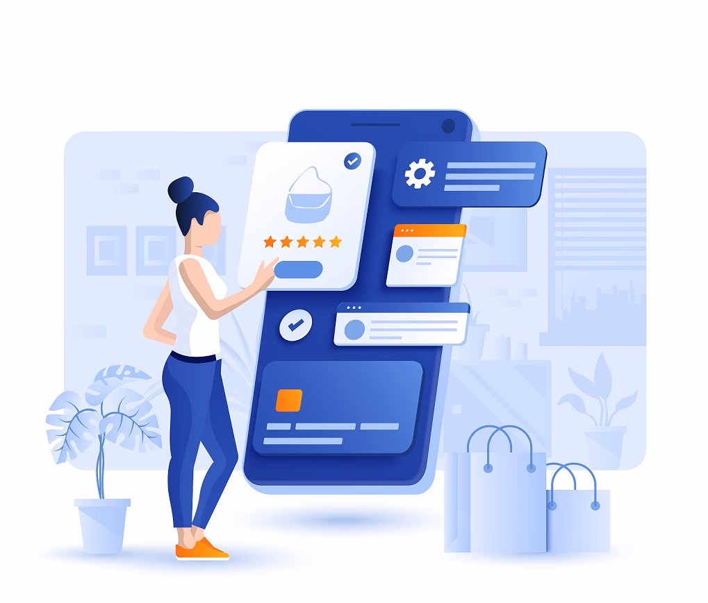 Woman shopping on a mobile app: handbag with a five-star rating.