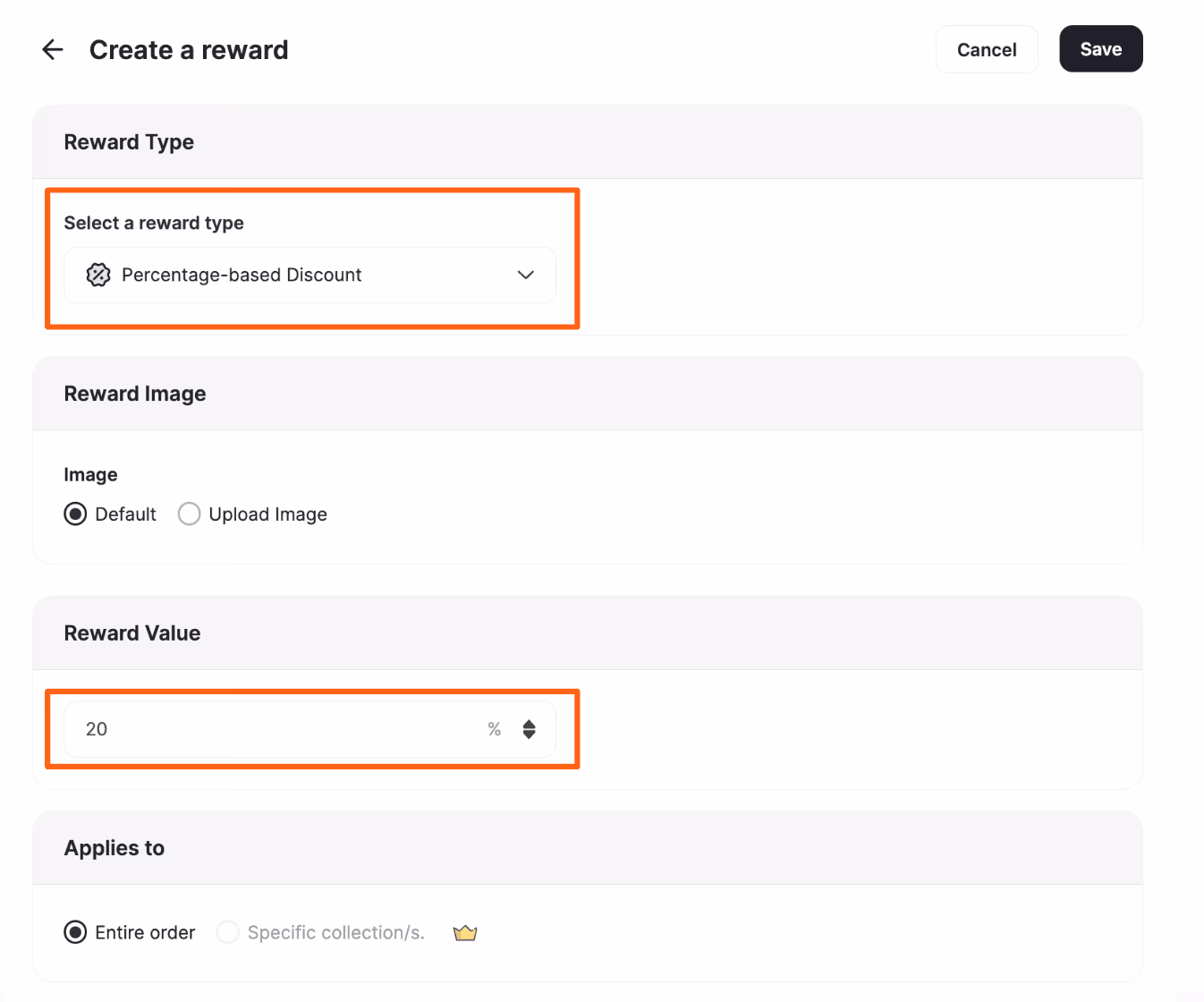 "Create a reward" form with fields for reward type, image, value, and application scope.