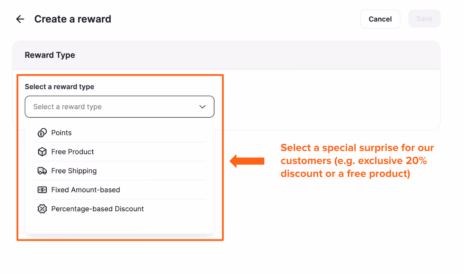 "Create a Reward" interface shows reward type options: points, product, shipping, fixed amount, or % discount.