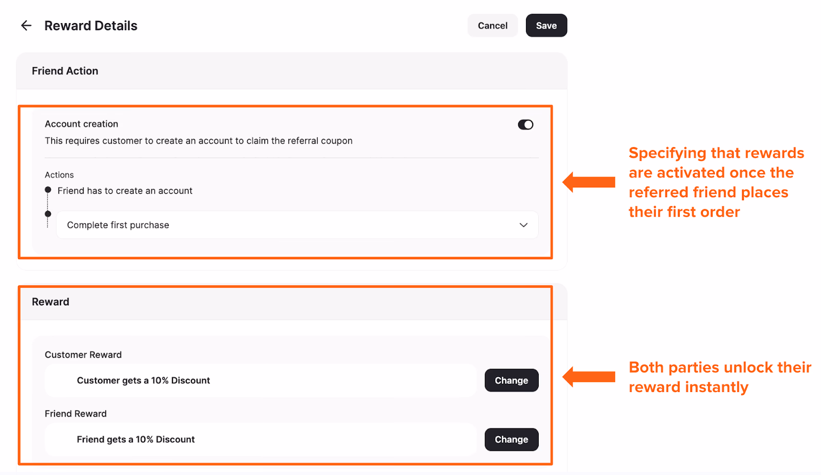 Referral program settings screen: friend must create account, customer/friend get a 10% discount.