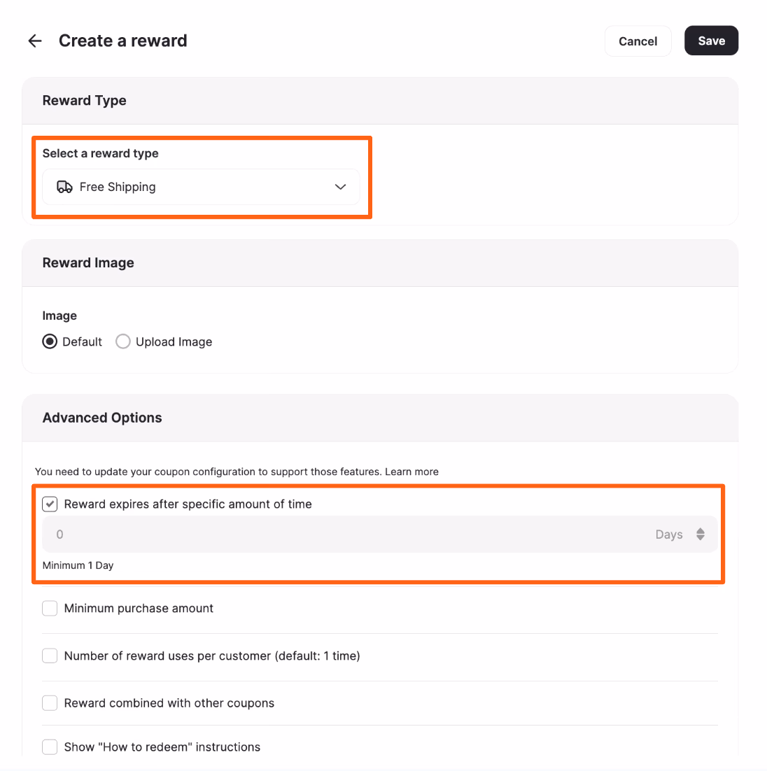 "Create a reward" screen shows options for reward type, image, expiration, and more, with 'Free Shipping' selected.