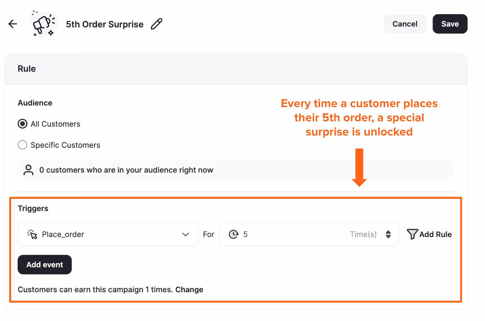 "5th Order Surprise" screen with rules for a special surprise on the 5th order.