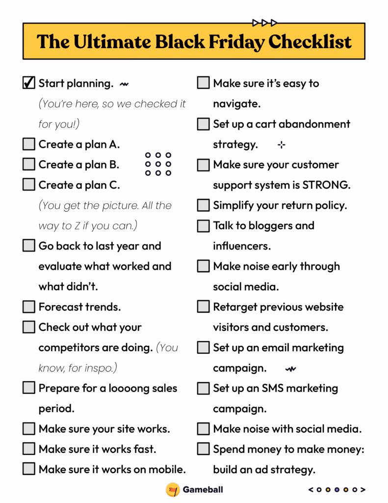 "The Ultimate Black Friday Checklist" lists strategies for marketing and sales preparation with checkboxes.