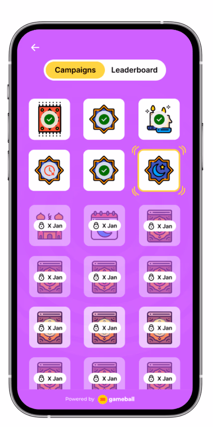 Smartphone screen showing "Campaigns" menu with Ramadan-themed game icons.