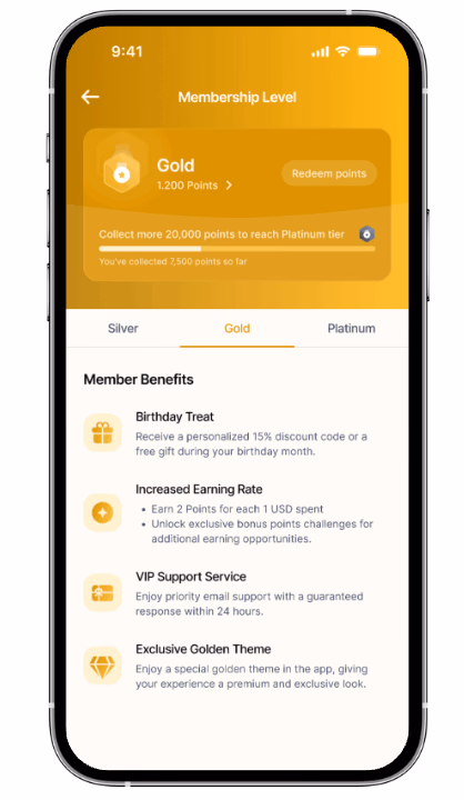 Mobile app interface showing "Gold" membership level benefits, points, and progress towards "Platinum".