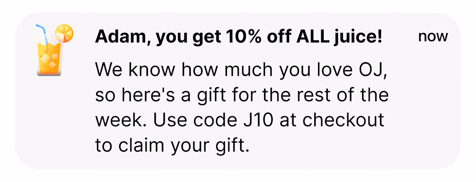 Message alert about juice sale for Adam featuring a juice emoji.