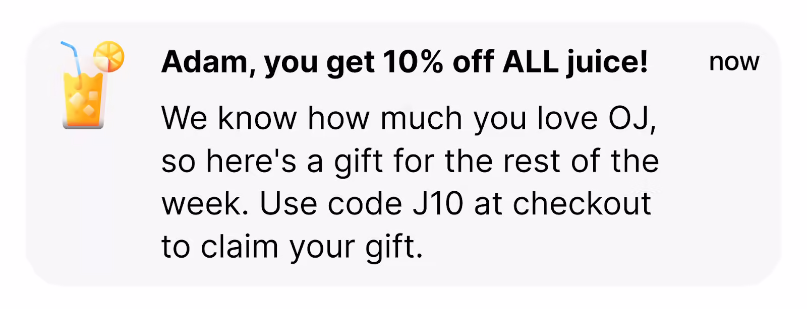 Screenshot of a juice discount code sent to "Adam," including an orange juice emoji.
