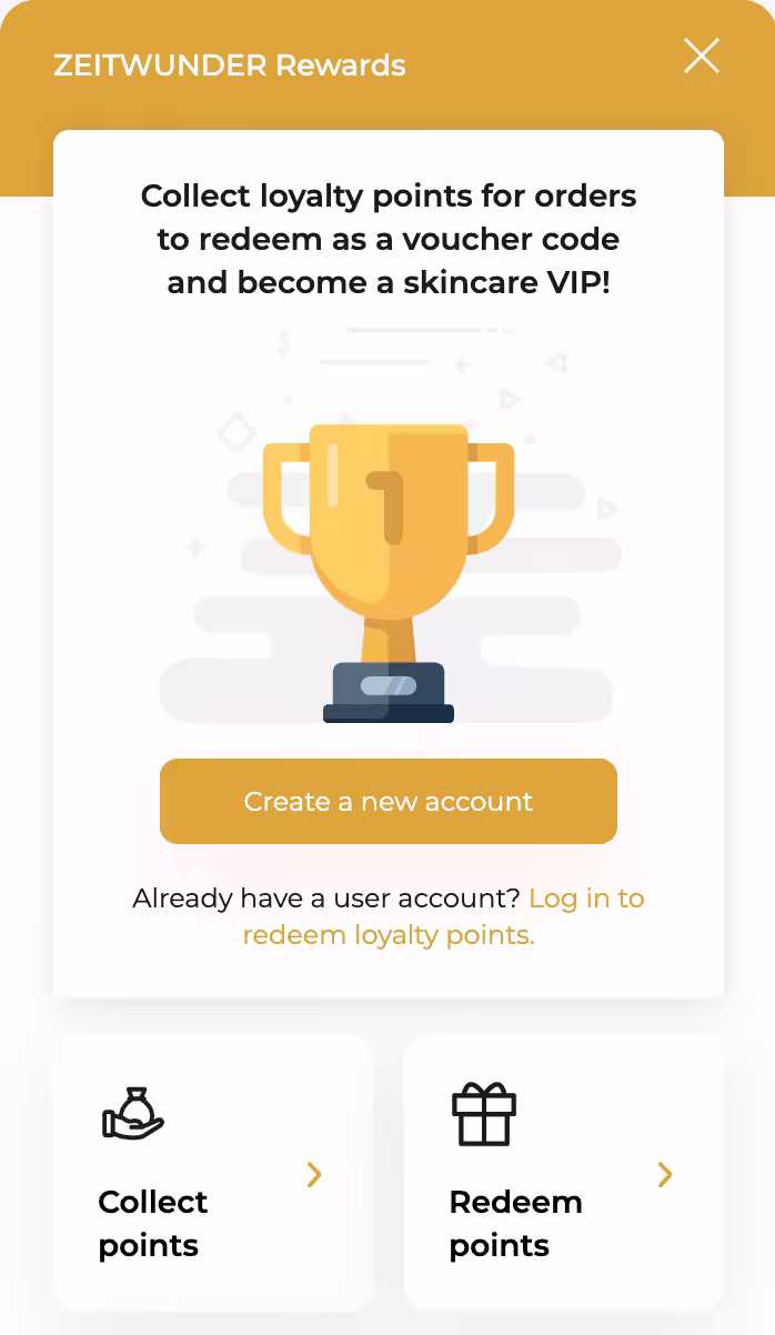 Zeitwunder Rewards modal featuring a gold trophy illustration and account creation prompts.
