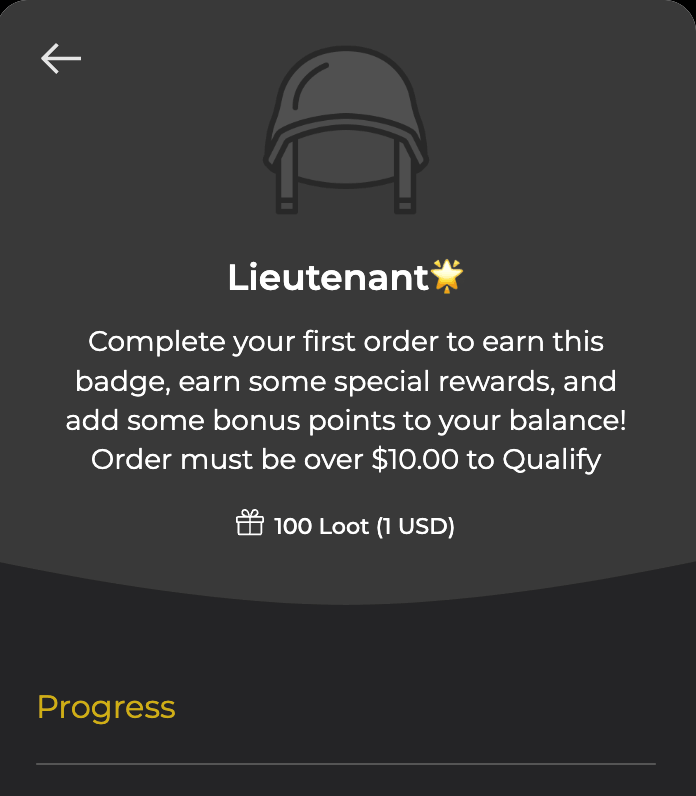 "Lieutenant" promotional badge with a military helmet icon.