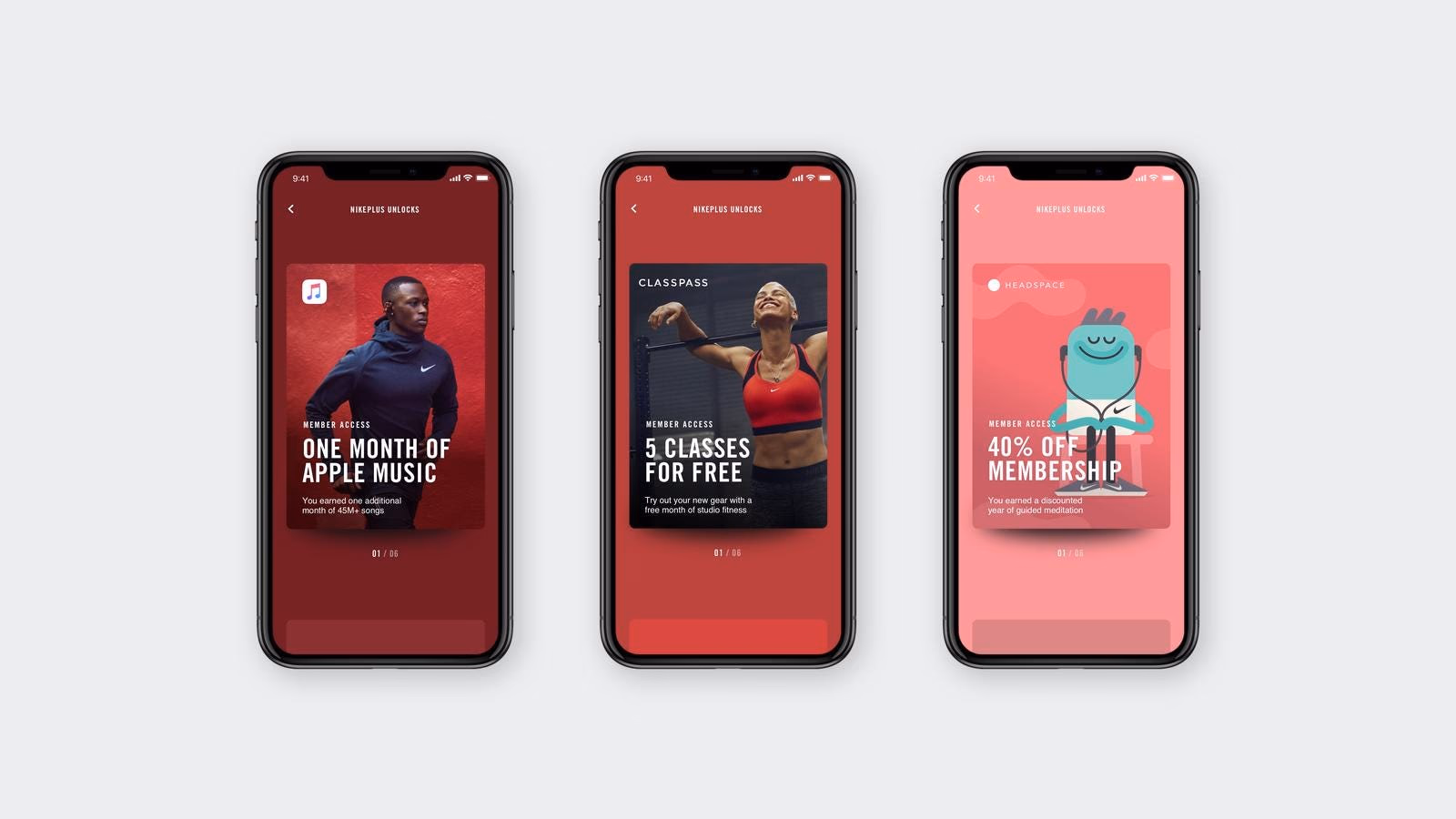 Phone screens display NikePlus Unlocks: Apple Music month, free ClassPass classes, and Headspace membership discount.