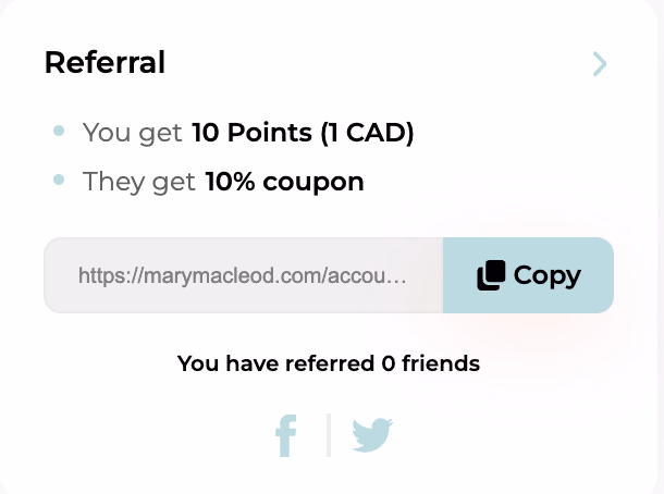 Screenshot of a referral program offering points and coupon with copy link.
