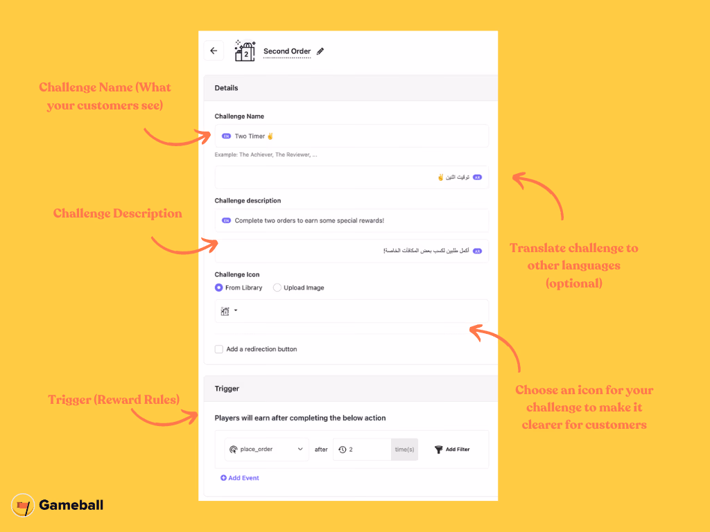 UI showing how to create a game challenge with the "Second Order" option and reward rules.
