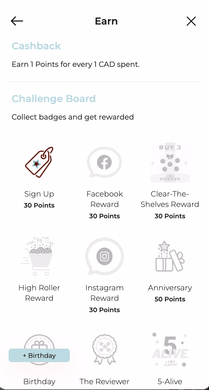Screenshot of a mobile app showing cashback and challenge board badge rewards.
