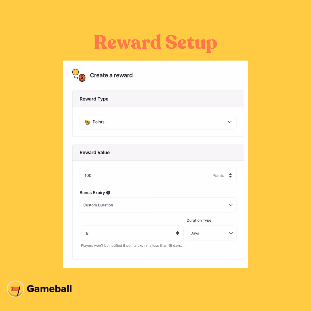 Gameball's reward setup screen showing a custom duration of 8 days for a 100 point bonus.