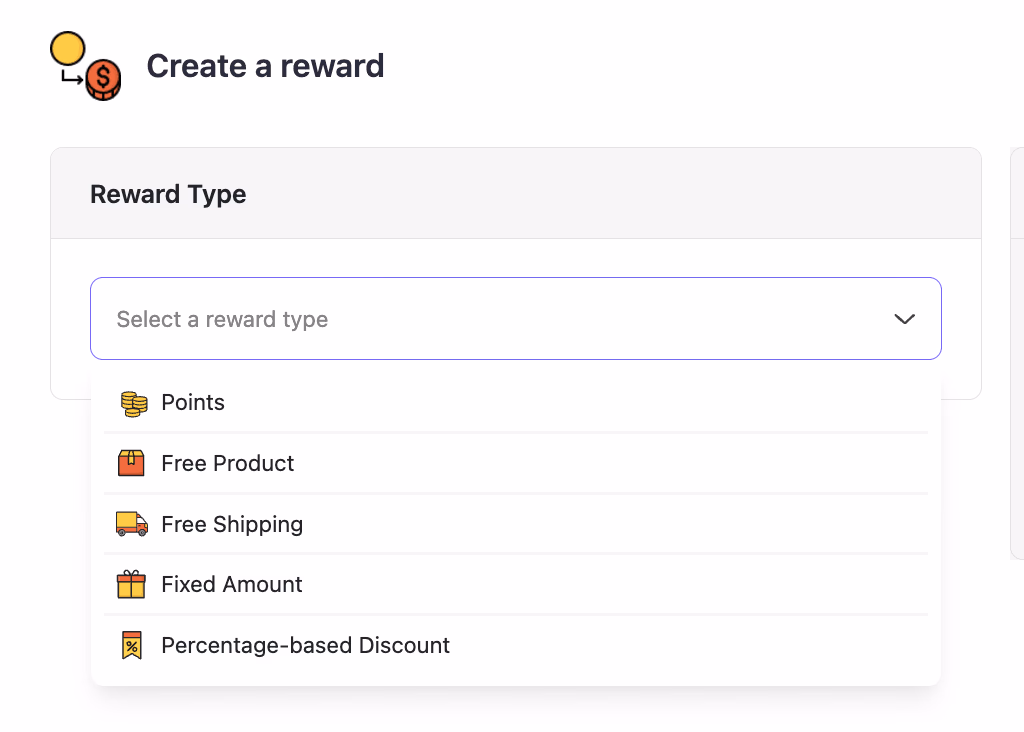 Screenshot of "Create a reward" interface with dropdown selecting reward type like points/free product.