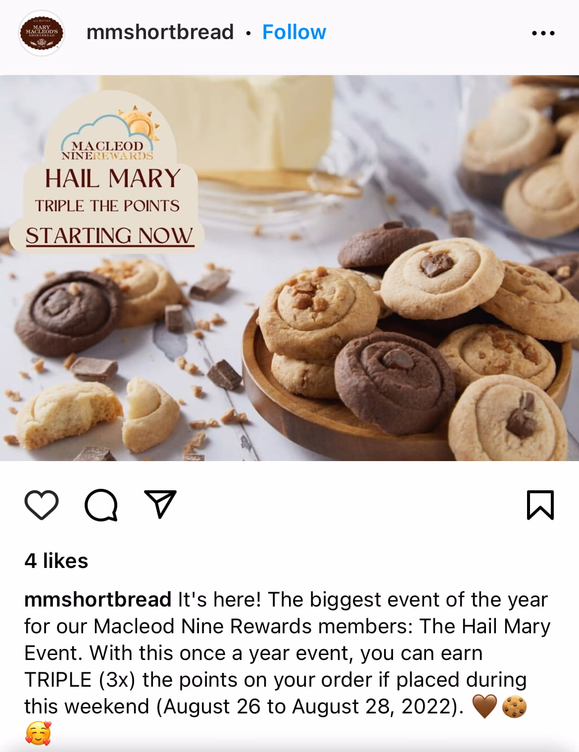 Assorted shortbread cookies, some chocolate, stacked attractively around "Triple the Points" ad.
