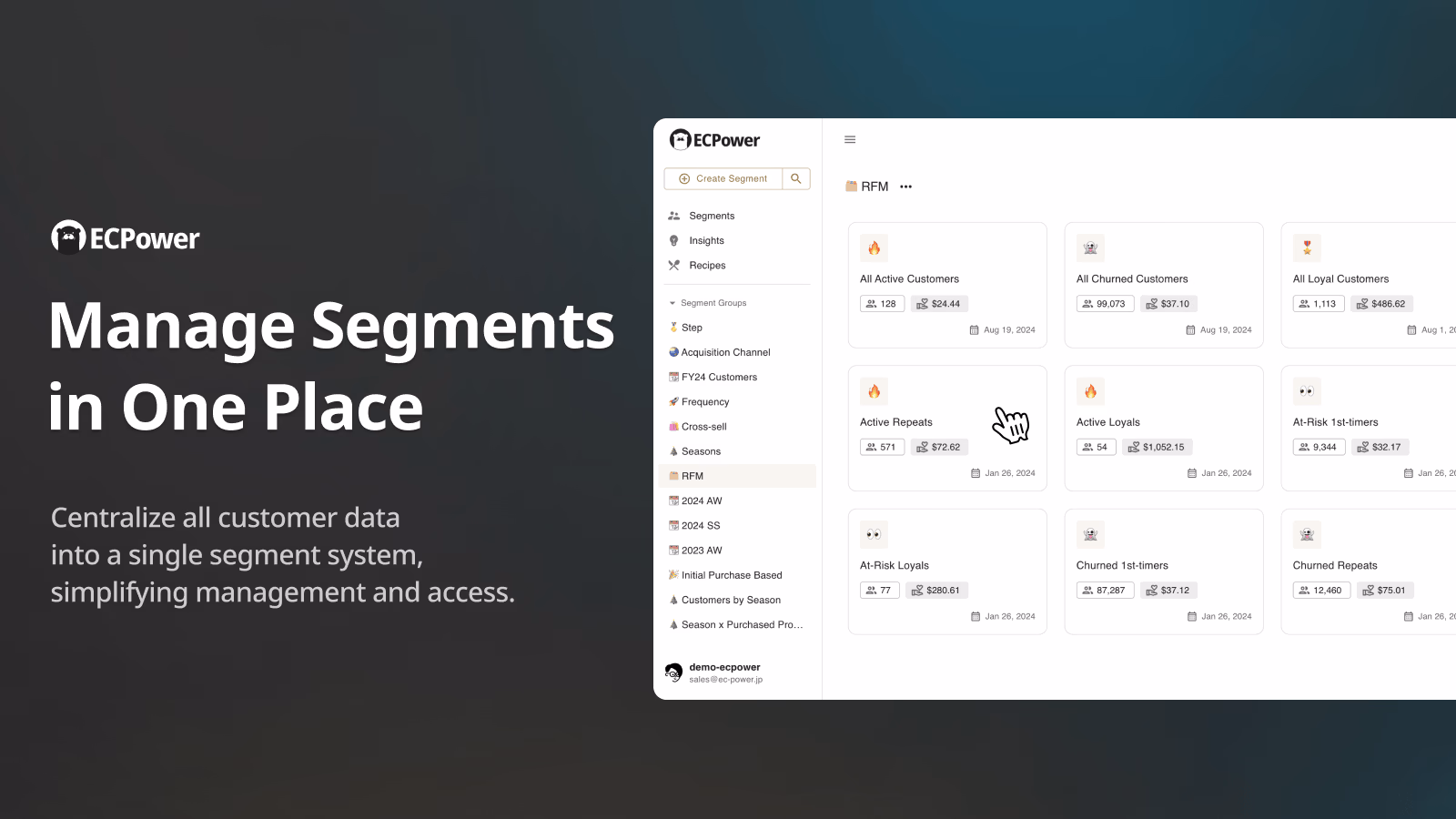 ECPower dashboard with customer segments, including active, churned, and at-risk groups.