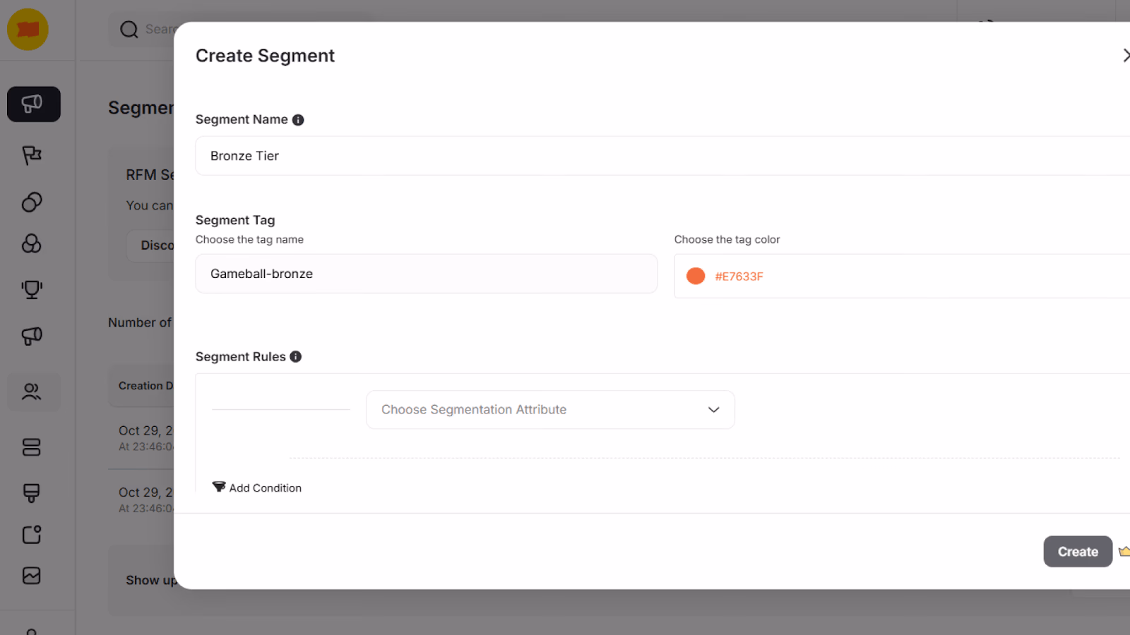 "Create Segment" dialog with segment name, tag, tag colour, and segment rules.